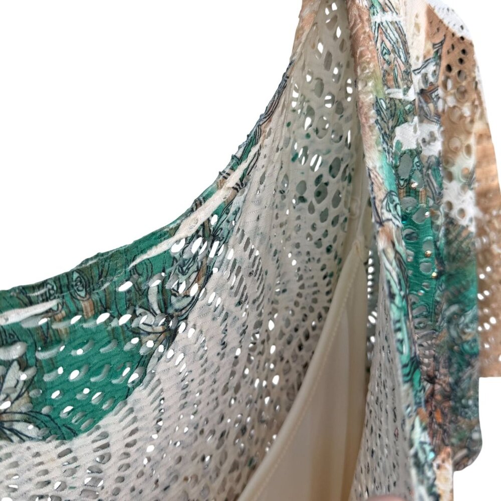 Boho Chic Perforated Maxi Dress XL Green Cream Beige Prairie Hippie Flowy Long - Picture 5 of 7